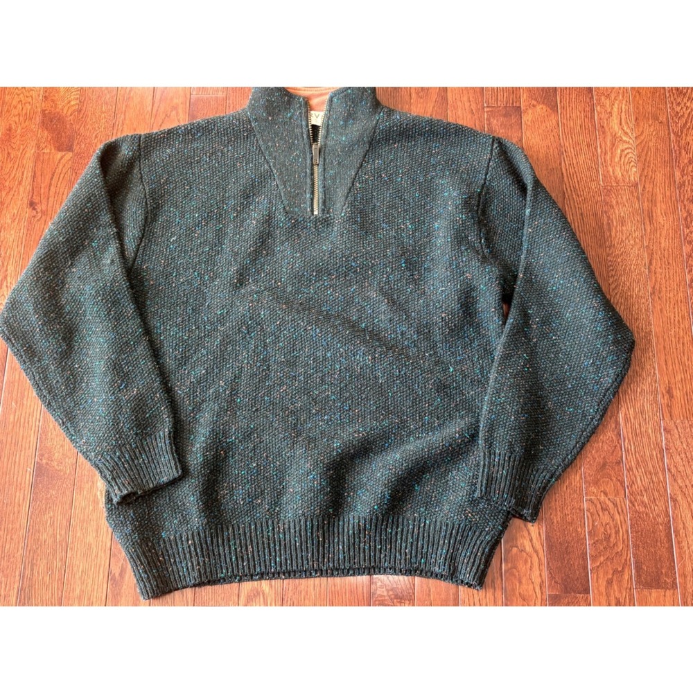 Orvis Mens L Wool Blend Donegal Fleck Quarter Zip Sweater Green Leather Trim